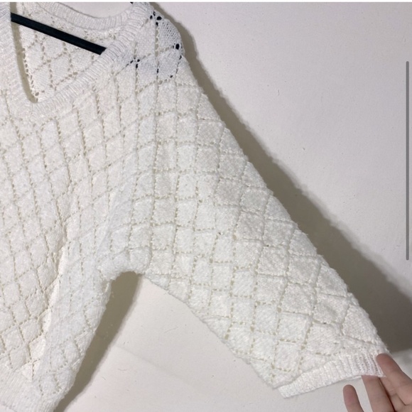Vintage Oversized Ivory Diamond Knit V Neck Half Sleeve Sweater M - Picture 4 of 9